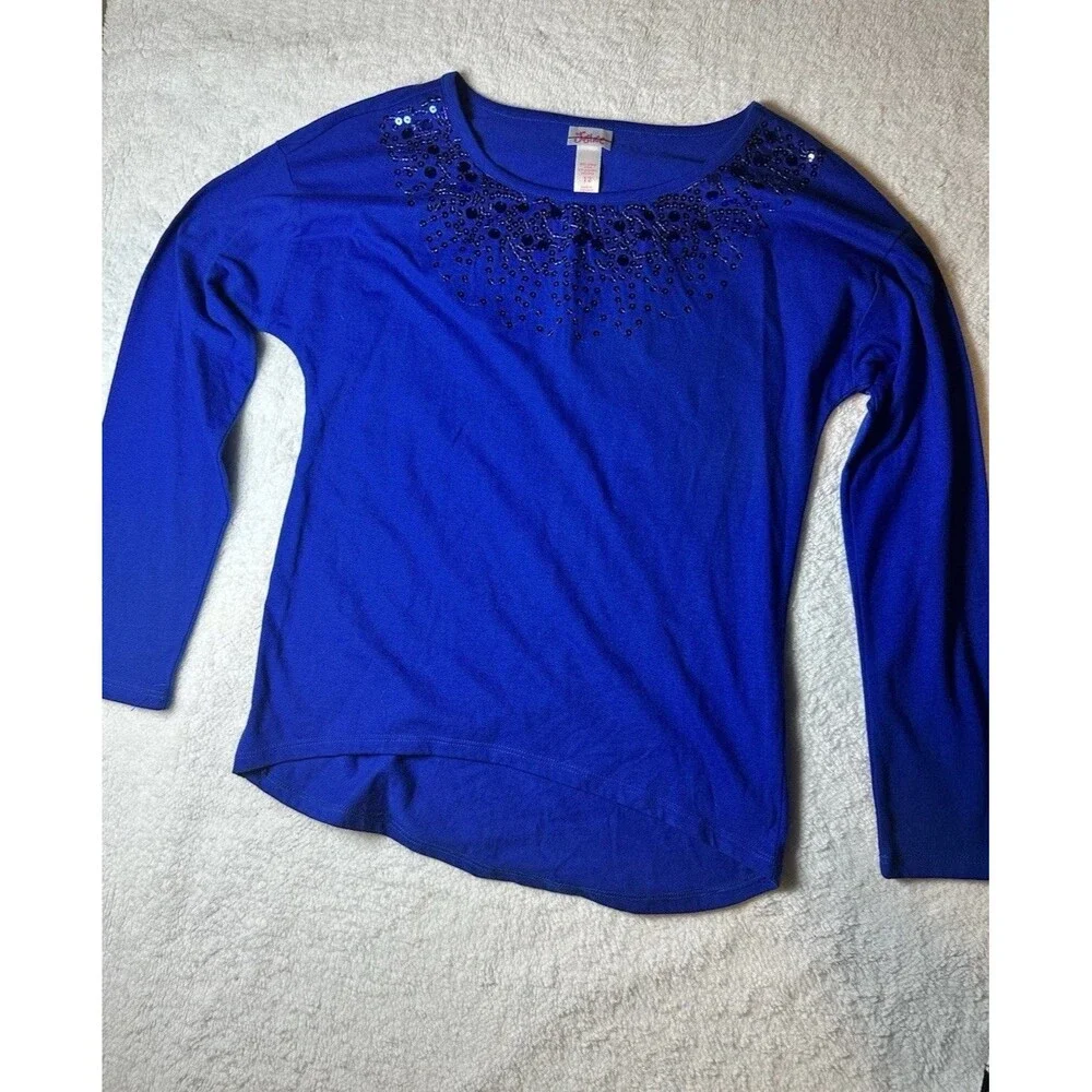 Justice girls sz 12 long sleeve blue Top with sequin neckline